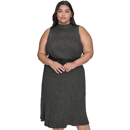 DKNY Plus Size Ribbed Mock Neck Belted Midi Dress