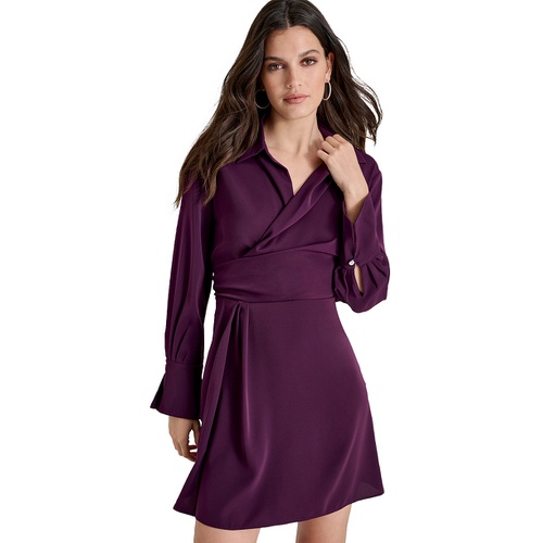 DKNY Petite Collared-V-Neck Long-Sleeve Short Dress