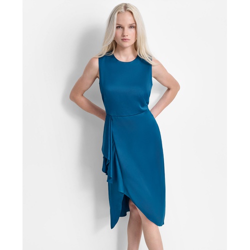 DKNY Womens Side-Ruffle Jewel-Neck Midi Dress