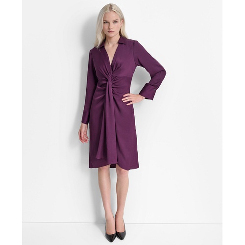 DKNY Womens Twist-Front Long-Sleeve Midi Dress