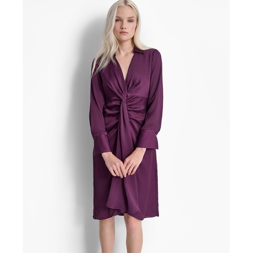 DKNY Womens Twist-Front Long-Sleeve Midi Dress