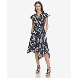 Womens Printed Tie-Waist Asymmetrical-Hem Linen Dress