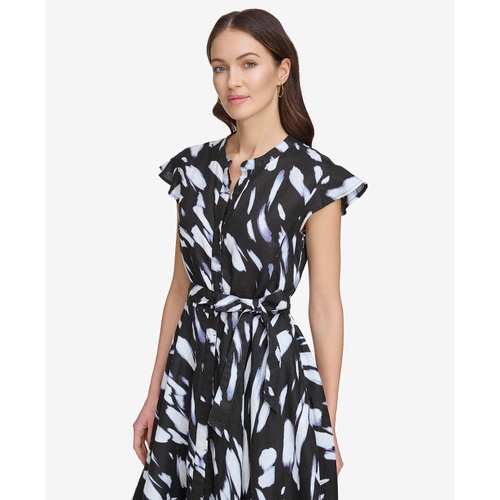 DKNY Womens Printed Tie-Waist Asymmetrical-Hem Linen Dress