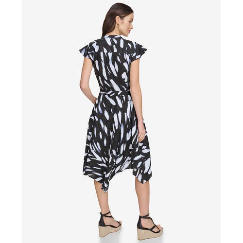 DKNY Womens Printed Tie-Waist Asymmetrical-Hem Linen Dress