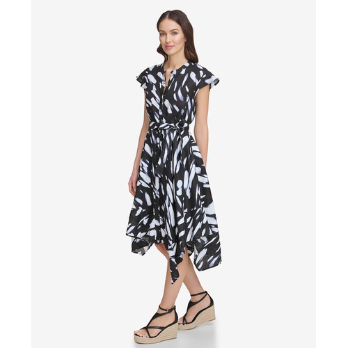 DKNY Womens Printed Tie-Waist Asymmetrical-Hem Linen Dress