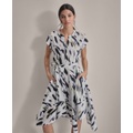 Womens Printed Tie-Waist Asymmetrical-Hem Linen Dress