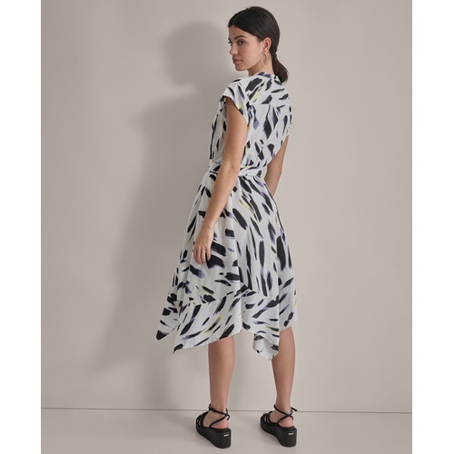 DKNY Womens Printed Tie-Waist Asymmetrical-Hem Linen Dress