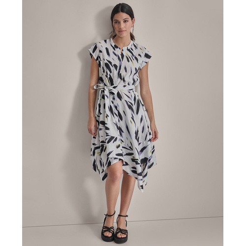 DKNY Womens Printed Tie-Waist Asymmetrical-Hem Linen Dress