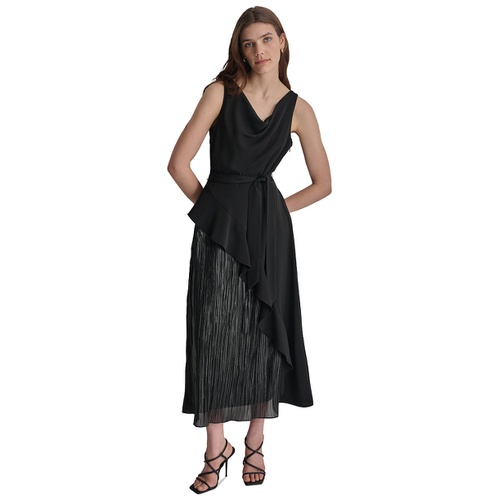 DKNY Womens Cowlneck Sleeveless Belted Ruffled Dress