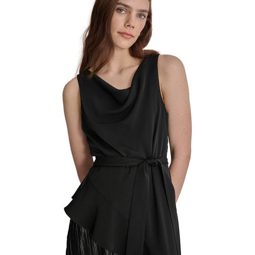 DKNY Womens Cowlneck Sleeveless Belted Ruffled Dress