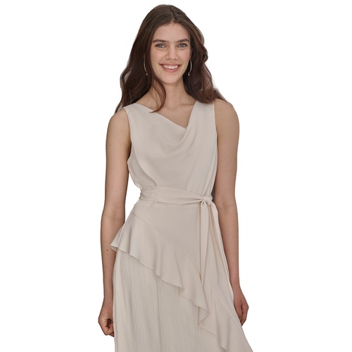 DKNY Womens Cowlneck Sleeveless Belted Ruffled Dress