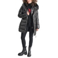 Womens Bibbed Shawl-Collar Packable Shine Puffer Coat