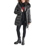 Womens Bibbed Shawl-Collar Packable Shine Puffer Coat