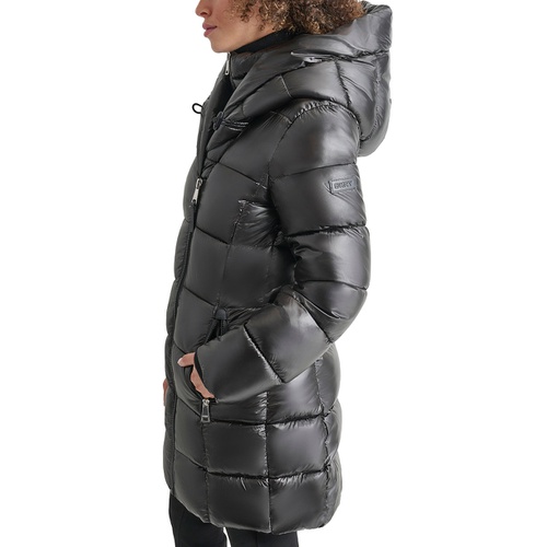 DKNY Womens Bibbed Shawl-Collar Packable Shine Puffer Coat