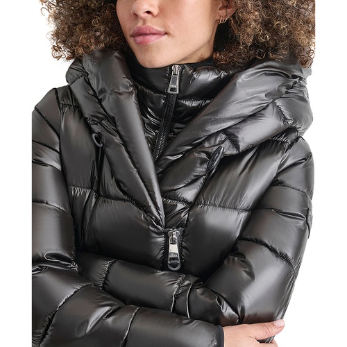 DKNY Womens Bibbed Shawl-Collar Packable Shine Puffer Coat