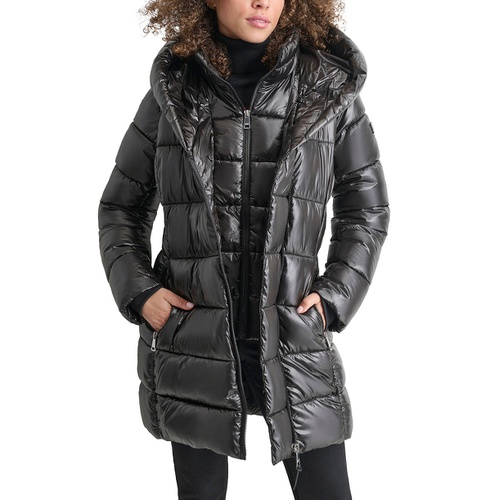 DKNY Womens Bibbed Shawl-Collar Packable Shine Puffer Coat