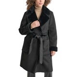 Womens Belted Notched-Collar Faux-Shearling Coat