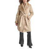 Womens Belted Notched-Collar Faux-Shearling Coat