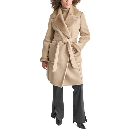 DKNY Womens Belted Notched-Collar Faux-Shearling Coat