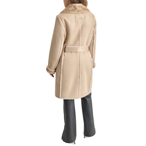 DKNY Womens Belted Notched-Collar Faux-Shearling Coat