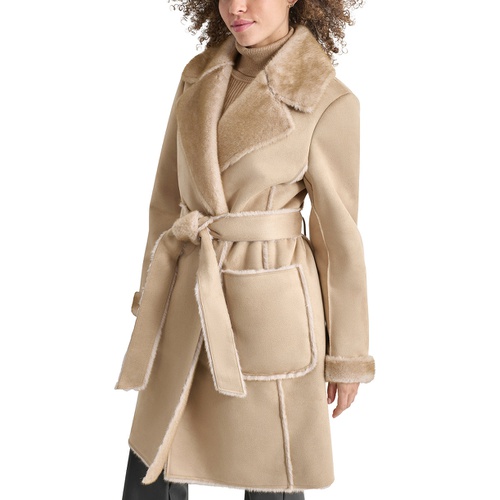 DKNY Womens Belted Notched-Collar Faux-Shearling Coat