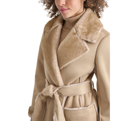 DKNY Womens Belted Notched-Collar Faux-Shearling Coat