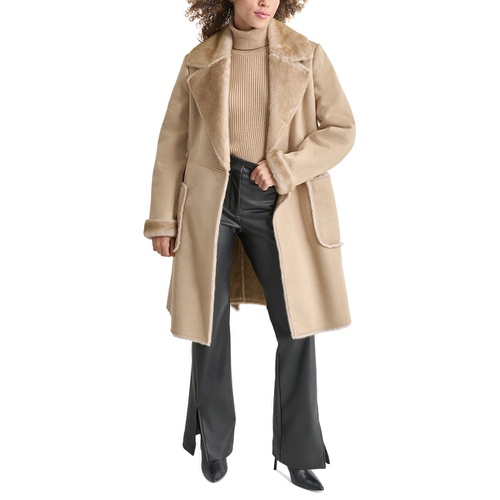 DKNY Womens Belted Notched-Collar Faux-Shearling Coat