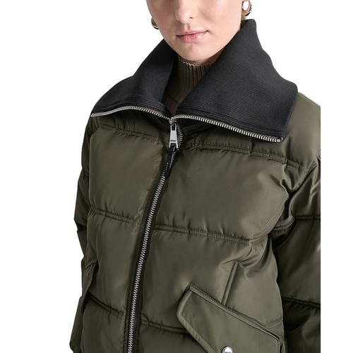 DKNY Womens Knit-Trim Zip-Front Puffer Coat