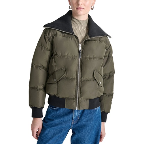 DKNY Womens Knit-Trim Zip-Front Puffer Coat