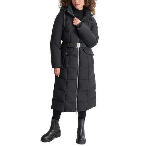 DKNY Womens Maxi Belted Hooded Puffer Coat