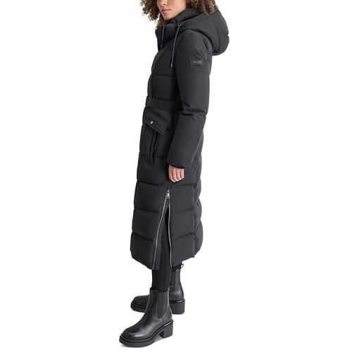 DKNY Womens Maxi Belted Hooded Puffer Coat