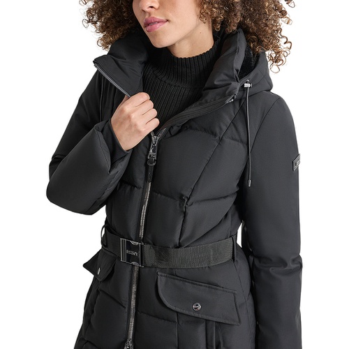 DKNY Womens Maxi Belted Hooded Puffer Coat