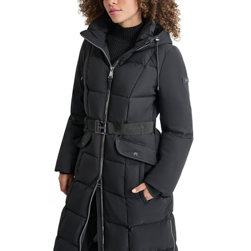 DKNY Womens Maxi Belted Hooded Puffer Coat