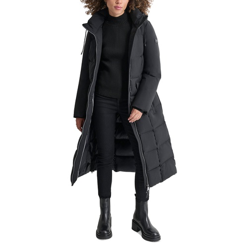 DKNY Womens Maxi Belted Hooded Puffer Coat