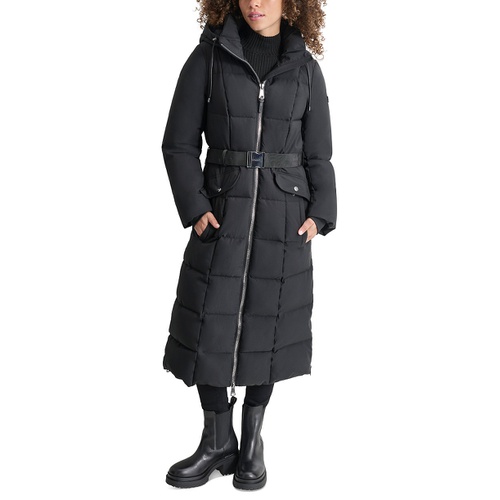 DKNY Womens Maxi Belted Hooded Puffer Coat