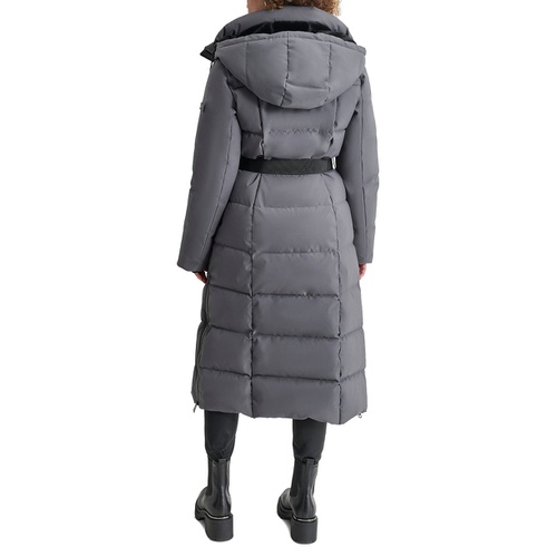 DKNY Womens Maxi Belted Hooded Puffer Coat