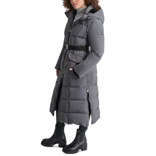 DKNY Womens Maxi Belted Hooded Puffer Coat