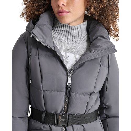 DKNY Womens Maxi Belted Hooded Puffer Coat