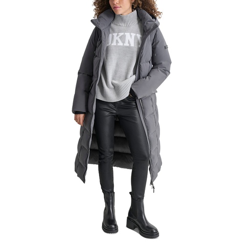 DKNY Womens Maxi Belted Hooded Puffer Coat