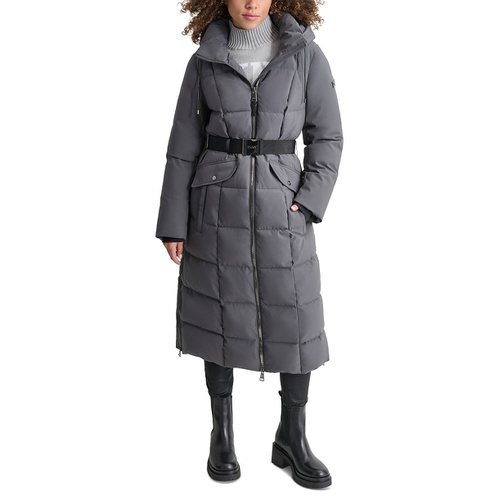 DKNY Womens Maxi Belted Hooded Puffer Coat