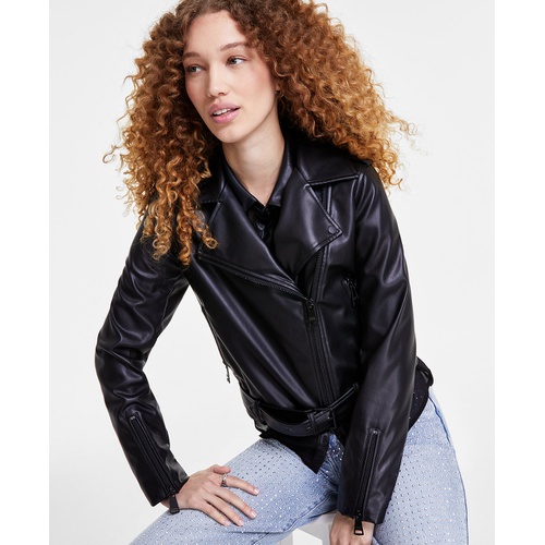 DKNY Womens Faux-Leather Moto Jacket