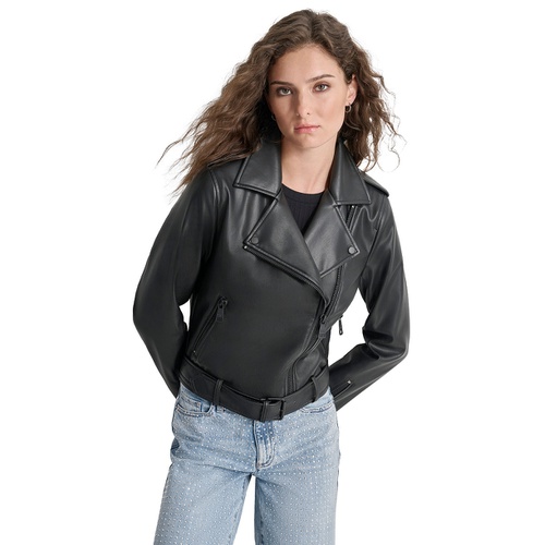 DKNY Petite Faux-Leather Belted-Hem Moto Jacket