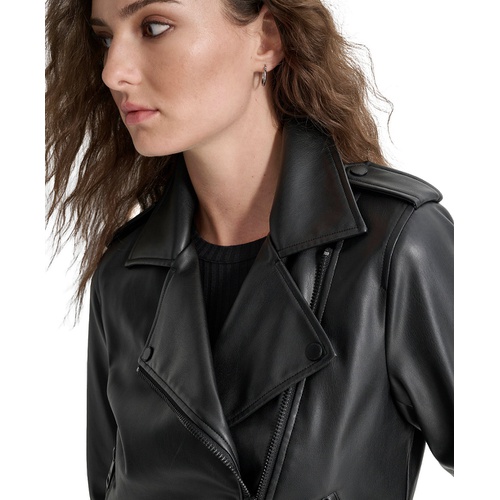 DKNY Petite Faux-Leather Belted-Hem Moto Jacket