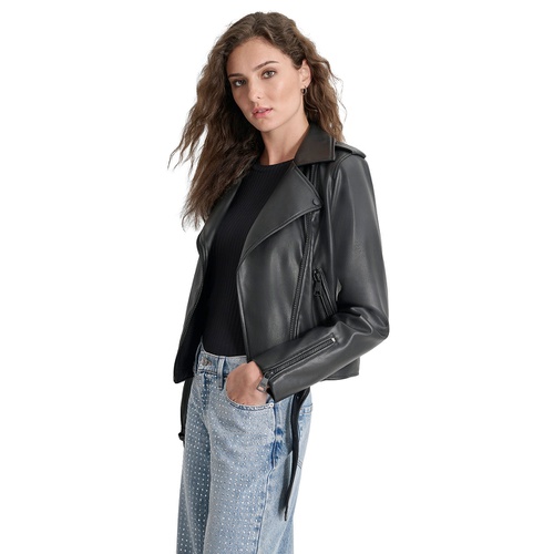 DKNY Petite Faux-Leather Belted-Hem Moto Jacket