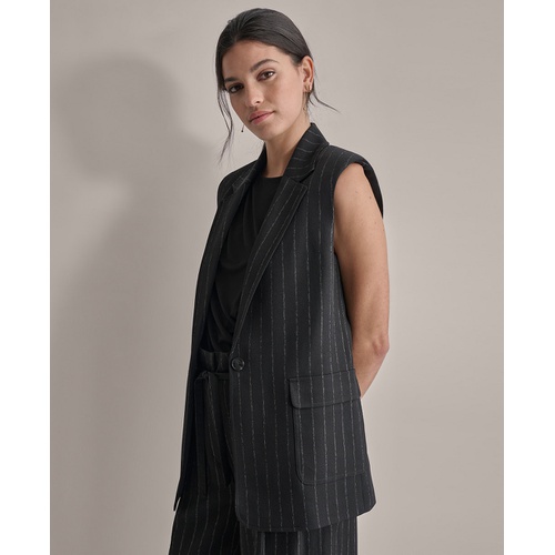 DKNY Petite Striped Notched-Collar One-Button Vest