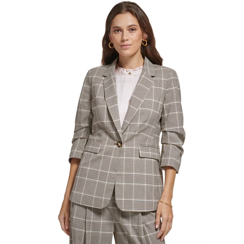 DKNY Petite Plaid Notch-Collar Ruched-Sleeve Jacket