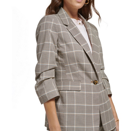 DKNY Petite Plaid Notch-Collar Ruched-Sleeve Jacket