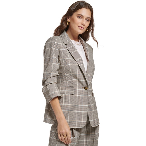 DKNY Petite Plaid Notch-Collar Ruched-Sleeve Jacket