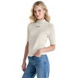 Womens Stud Logo Mock Neck Elbow-Sleeve Sweater