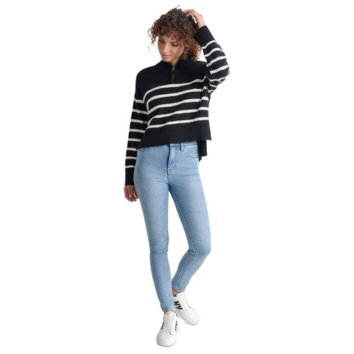 DKNY Petite Half-Zip Striped Long-Sleeve Sweater